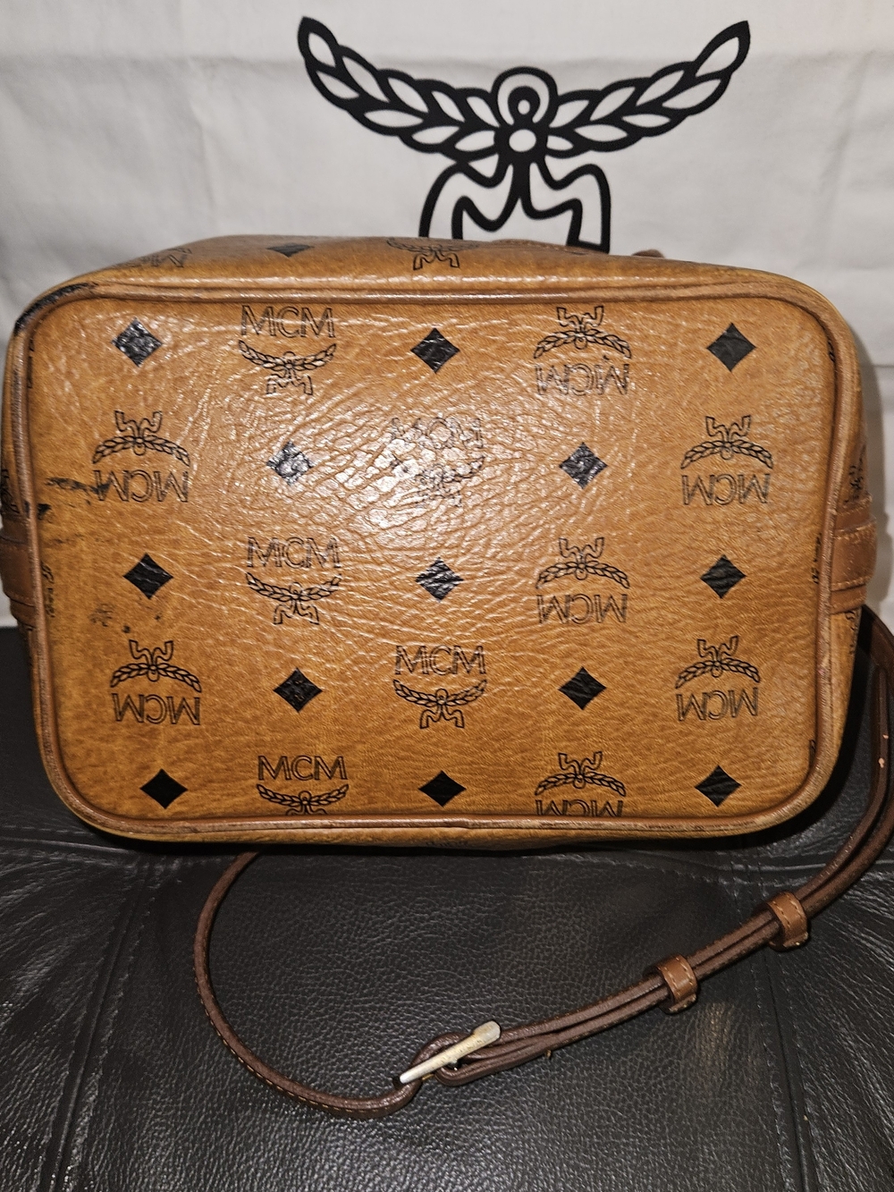 MCM Brown Visetos Logo Drawstring Bucket Bag - Picture 5 of 8